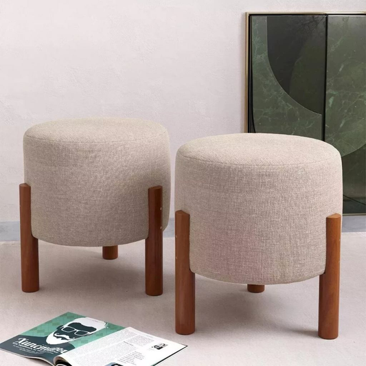 Kit  Puff Sala Banquinho Banqueta Linho Luxo Pés Madeira Maciça