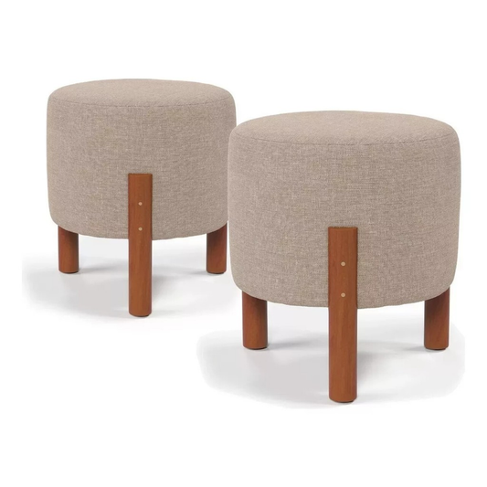 Kit  Puff Sala Banquinho Banqueta Linho Luxo Pés Madeira Maciça