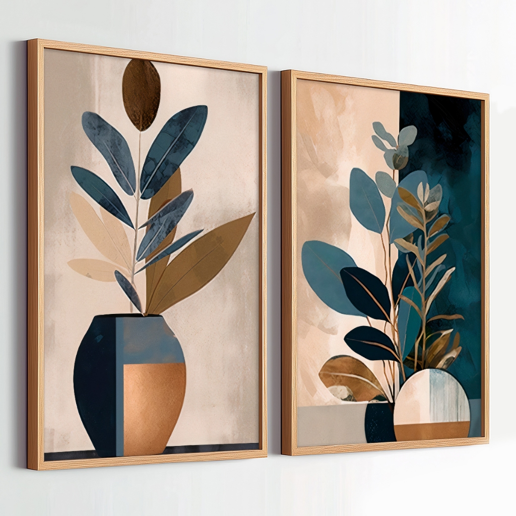 Kit 2 Quadros Moldura Folhagem Abstrato