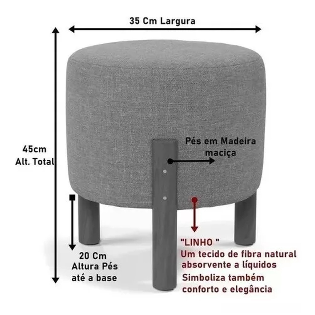Kit  Puff Sala Banquinho Banqueta Linho Luxo Pés Madeira Maciça