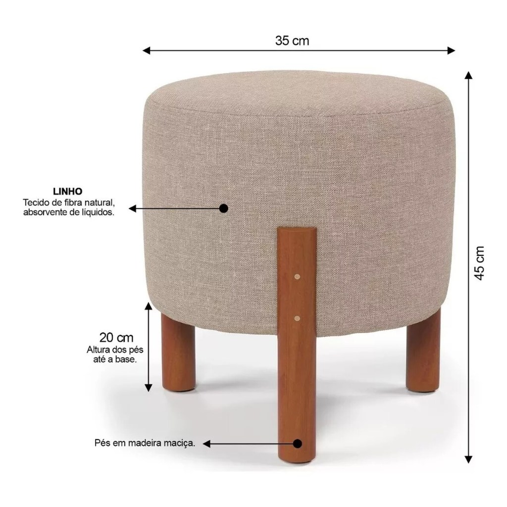Kit  Puff Sala Banquinho Banqueta Linho Luxo Pés Madeira Maciça