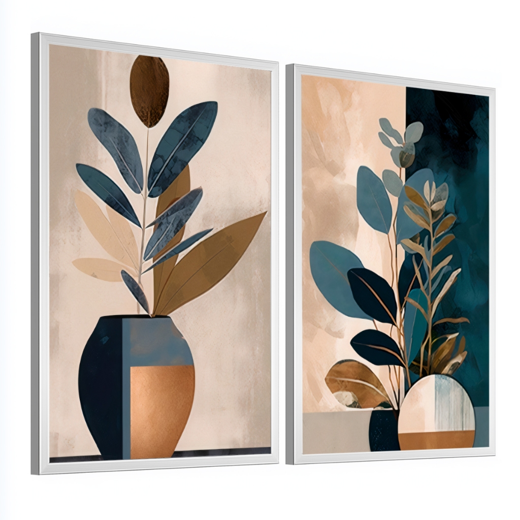 Kit 2 Quadros Moldura Folhagem Abstrato